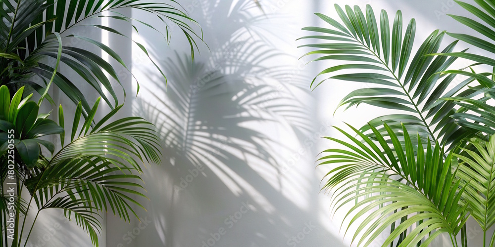 palm leaves with shadows, white background palm leaves with shadows, white background