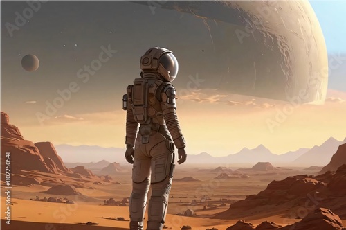female astronaut in a spacesuit on a deserted sandy planet against the backdrop of the planet