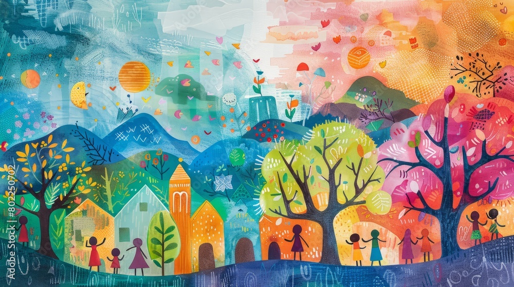 A colorful painting of a village with people holding hands in front of a mountain range. A colorful painting of a village with people holding hands in front of a mountain range.