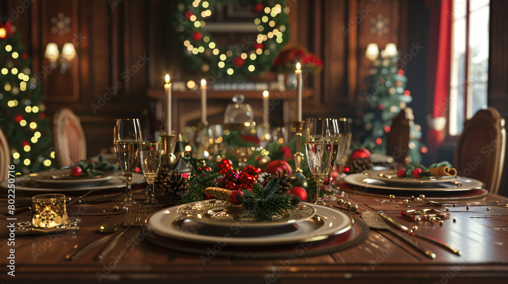 Dining table with setting for Christmas celebration 
