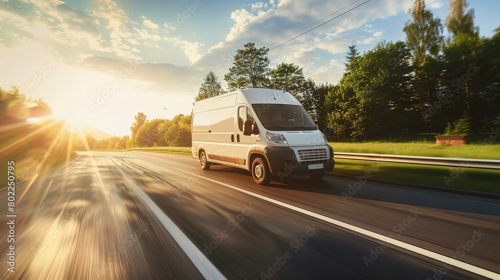 White modern delivery small shipment cargo courier van moving fast on motorway road to city White modern delivery small shipment cargo courier van moving fast on motorway road to city