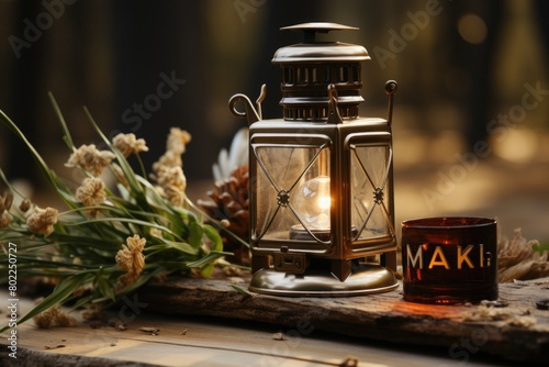 Lantern on wooden table © Saim Art