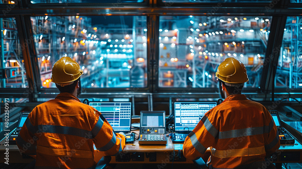Engineers monitoring seismic activity screens in a hightech control room on an oil rig, emphasizing safety and precision Engineers monitoring seismic activity screens in a hightech control room on an oil rig, emphasizing safety and precision