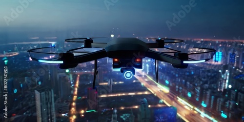 Futuristic drone quadcopter with digital camera photo