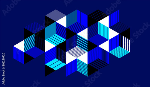 Isometric 3D cubes vector abstract geometric background, abstraction art polygonal graphic design wallpaper, cubic shapes and forms lowpoly composition over dark.