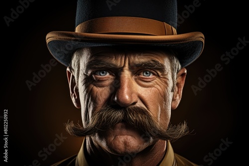 A man with Mustache and hat looking towards camera
