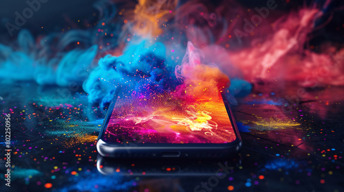 A smartphone mockup with a wallpaper featuring a abstract, colorful splatter design photo