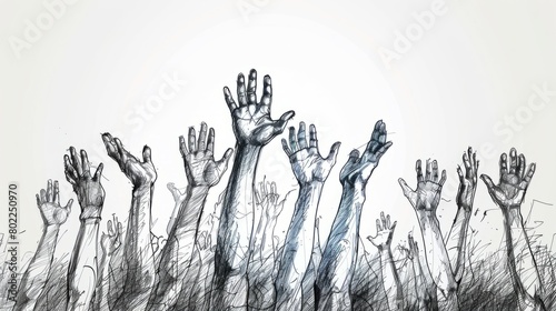 A crowd of hands reaching up in supplication or praise. photo