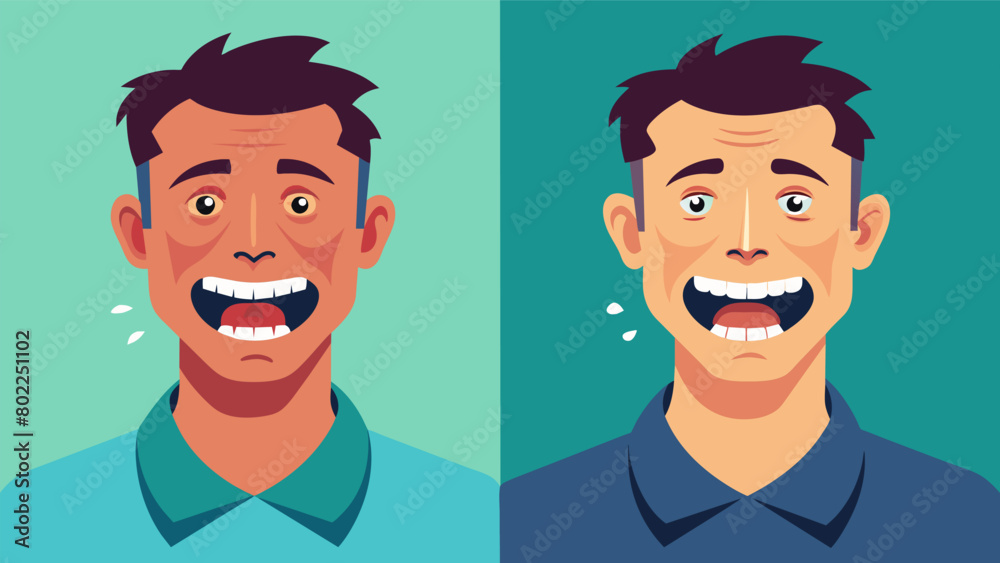A man is seen in the before photo with a tense jaw and clenched teeth. In the after photo his jaw appears more relaxed and less tense indicating a. A man is seen in the before photo with a tense jaw and clenched teeth. In the after photo his jaw appears more relaxed and less tense indicating a.