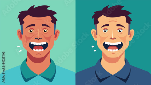 A man is seen in the before photo with a tense jaw and clenched teeth. In the after photo his jaw appears more relaxed and less tense indicating a.