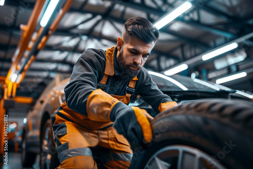 An auto mechanic changes a wheel