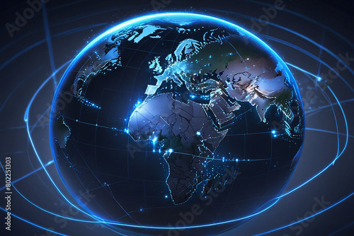 Global network and communication concept. 3d illustration with world map and blue background