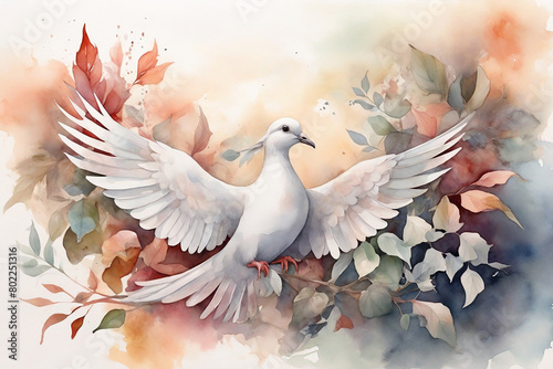 Watercolor illustration of a white dove on a background of autumn leaves © Юлия Васильева