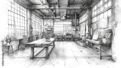 A detailed pencil drawing of the interior of a large, cluttered workshop.