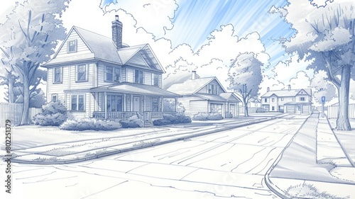 A digital drawing of a typical American suburban street with three houses, each a different style, with line weights indicating distance