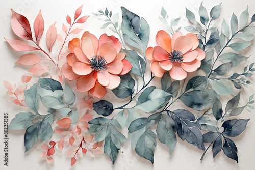 Watercolor floral background. Hand painted flowers and leaves on white paper. photo