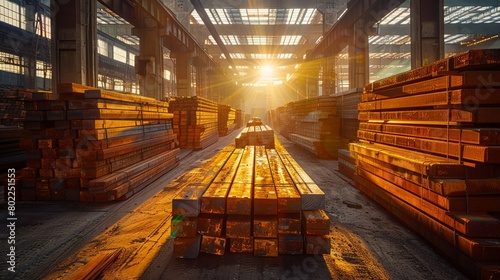 Golden hour light washing over stacked metal girders in a construction storage area