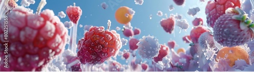 Illustrate a surreal scene of frozen tropical fruits suspended mid-air using a vibrant color palette in a digital CG 3D technique, creating a visually stunning and dynamic composition that pops off th