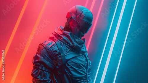 A man with a mask on his head and a red and blue background with bright lights.