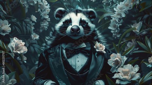 A raccoon wearing a tuxedo is sitting in a lush garden. The raccoon is looking at the camera with a serious expression photo