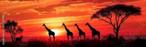 Majestic Giraffes Silhouetted Against Breathtaking Sunset Scenery in the African Savanna