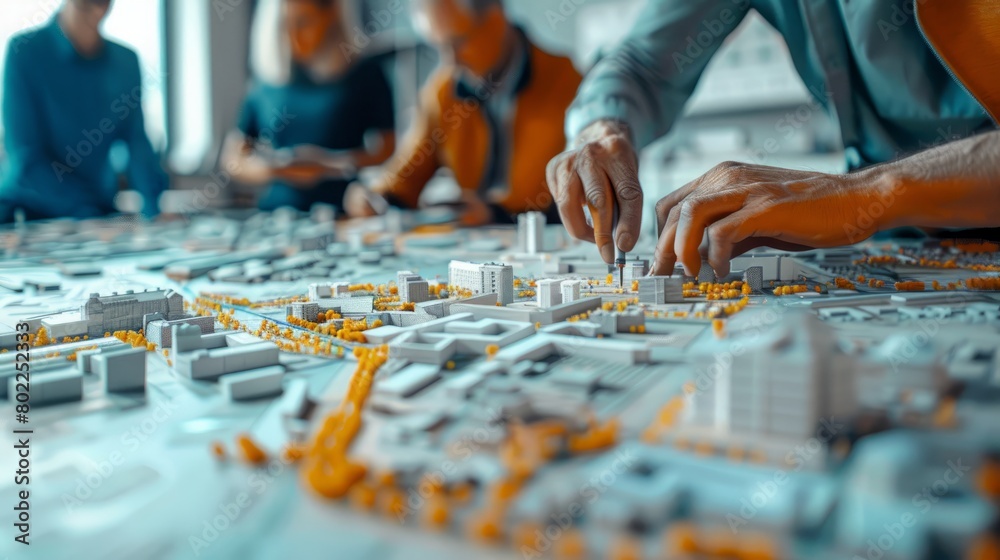 A group of architects working on a city model in an office A group of architects working on a city model in an office