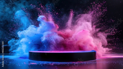 Colorful Powder Explosion on Empty Black Podium Mockup for Product or Cosmetics Presentation