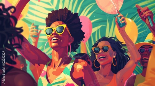 A group of black women are dancing at a beach party. They are all wearing colorful clothes and sunglasses. The background is a bright, tropical scene with palm trees and balloons.