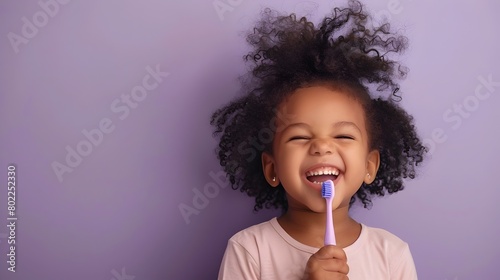 CurlyHaired Girls Glee Expressing Pure Delight with a Toothbrush on Lavender Backdrop Generative ai photo