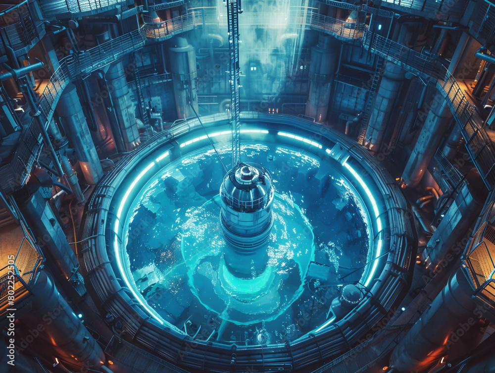 A 3D visualization showcases heavy water in the core of a nuclear reactor its critical role in the safe and efficient production of electricity highlighted in dynamic detail. Generative ai.