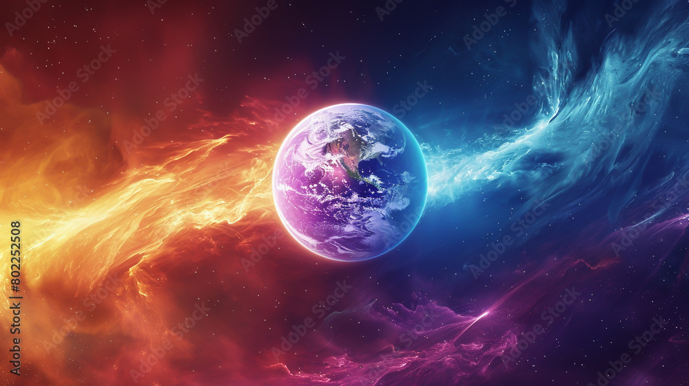 Obraz premium Earth shows a magnet enhancing its natural magnetic field with flowing colors depicting the dynamic protective energy encircling the planet. Generative ai.