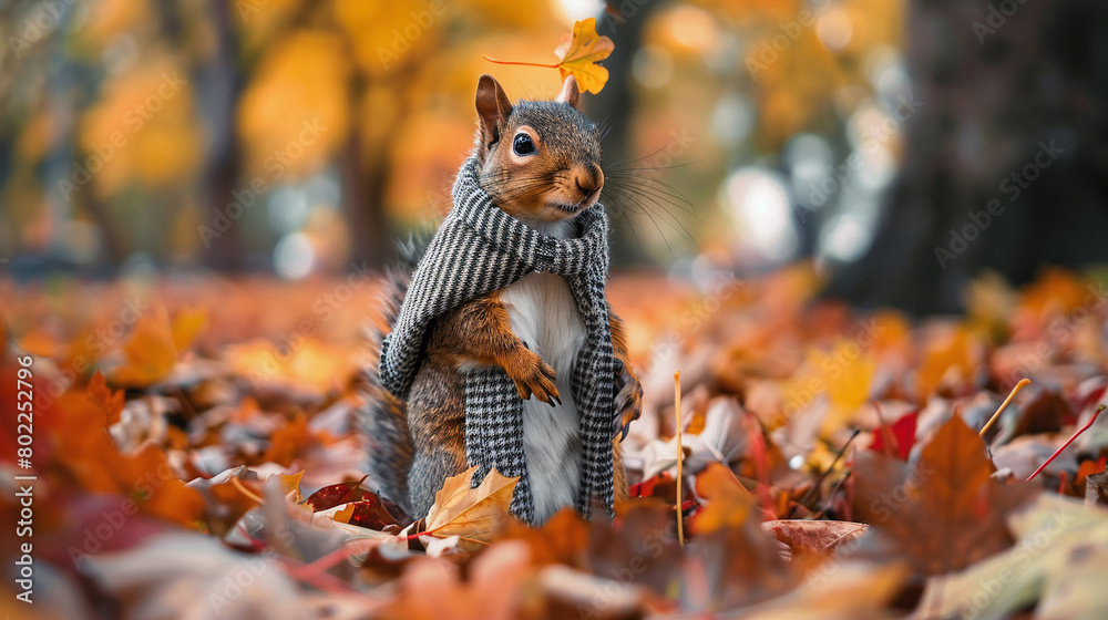 A squirrel wearing a scarf is standing in a pile of fallen leaves. The squirrel is looking at the camera. The background is blurry A squirrel wearing a scarf is standing in a pile of fallen leaves. The squirrel is looking at the camera. The background is blurry