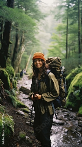 Serene Beauty  Captivating Japanese Woman Embarking on a Scenic Hike Through the Enchanting Landscapes of Japan