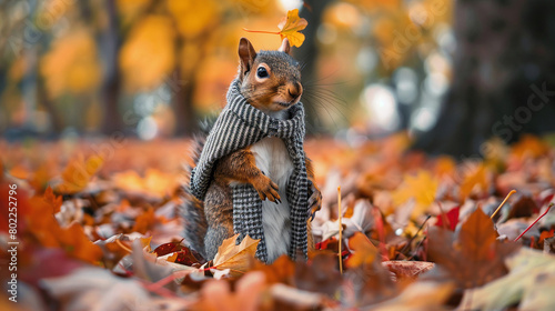 A squirrel wearing a scarf is standing in a pile of fallen leaves. The squirrel is looking at the camera. The background is blurry