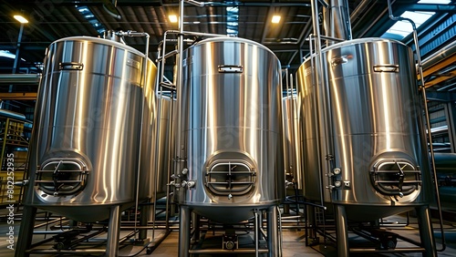 Stainless Steel Tanks for Processing and Storing Plant-Based Milk in a Factory. Concept Stainless Steel Tanks, Processing Plant, Storing Plant-Based Milk, Factory Operations