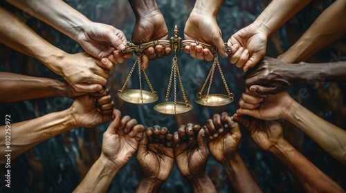 A group of diverse hands holding up the scales of justice. photo
