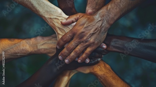 A group of diverse hands of different skin tones holding each other in unity.