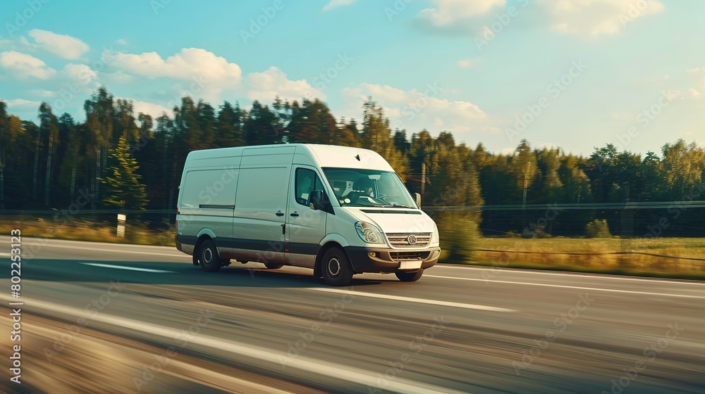 White modern delivery small shipment cargo courier van moving fast on motorway road to city