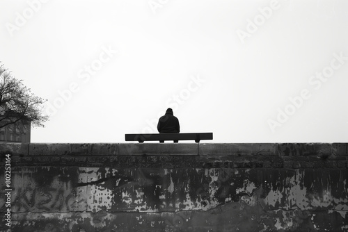 A high contrast snapshot of a solitary person sitting on a wall edge, against a stark empty background