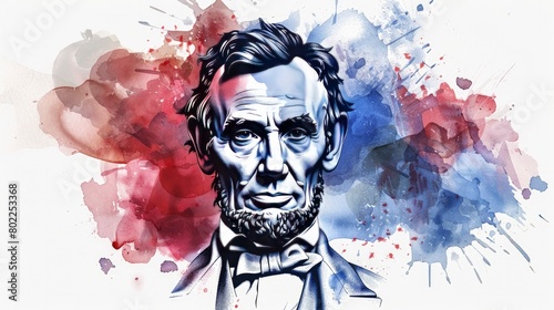 A watercolor portrait of Abraham Lincoln in red, white and blue colors on an isolated background.