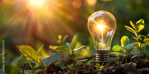 A bright light bulb stands in soil, surrounded by plant leaves symbolizing ideas and eco-friendly energy