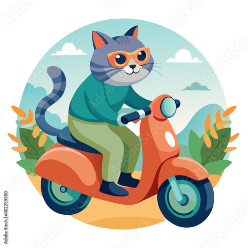 cool cat on a motorbike  leaning back against the seat with one paw on the throttle and a nonchalant gaze as it speeds down the road