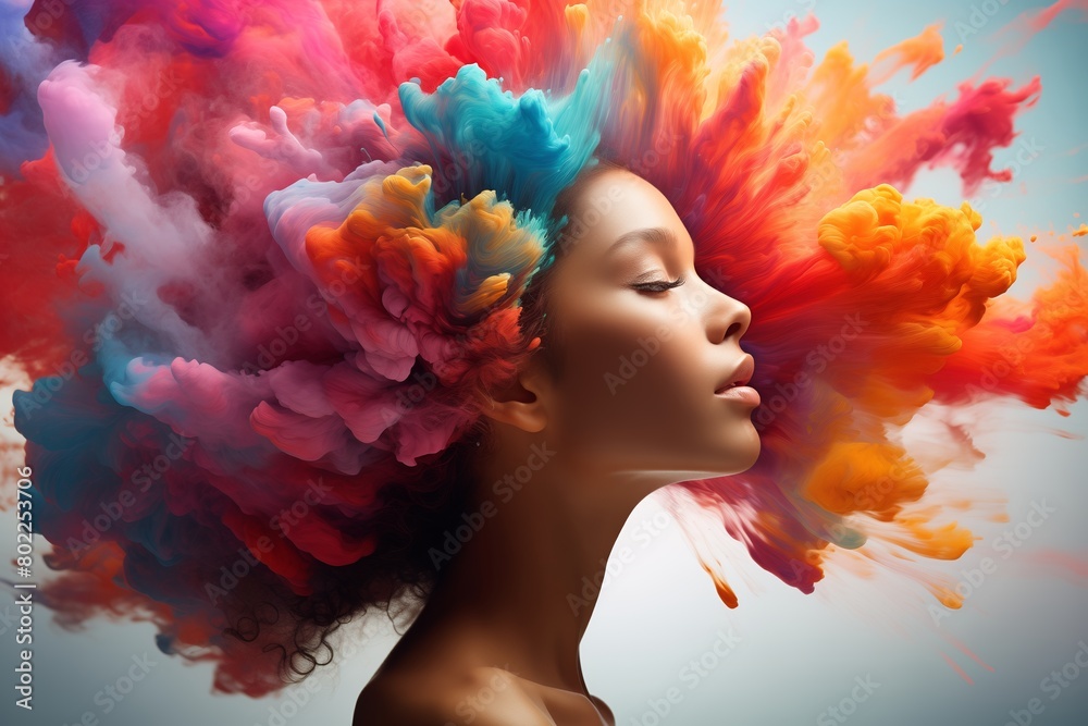 © StockUp - Colorful clouds of paint bursting from a woman's head, symbolizing creativity and the power of imagination © StockUp - Colorful clouds of paint bursting from a woman's head, symbolizing creativity and the power of imagination