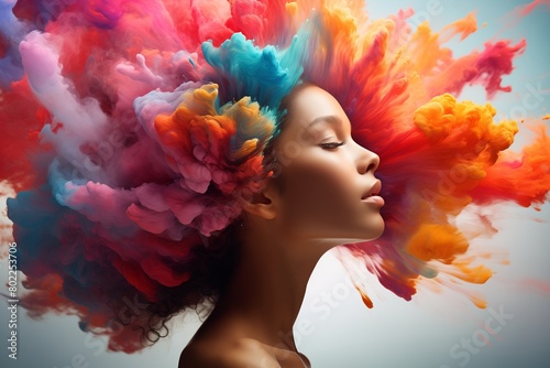 Colorful clouds of paint bursting from a woman's head, symbolizing creativity and the power of imagination