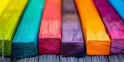 Close-up shot of vividly painted wooden planks arranged horizontally showcasing a spectrum of colors