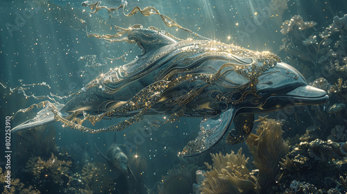 A dolphin adorned in shimmering accessories, embodying fluid elegance and beauty, underwater fashion scene