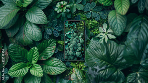 A smartphone mockup with a nature-inspired wallpaper, surrounded by plants photo