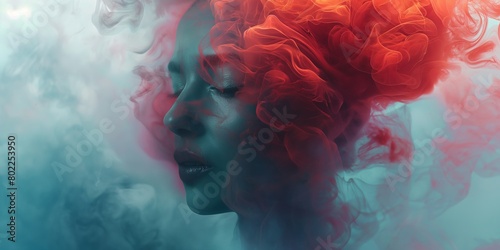 Mysterious obscured face with vibrant blue and red smoke swirling around, creating an ethereal atmosphere