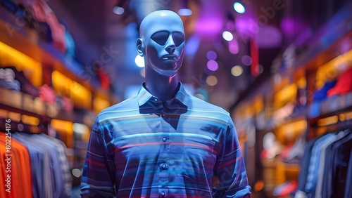 Mannequin showcasing stylish men's cotton shirt at a clothing store for sale. Concept Fashion Merchandising, Retail Display, Men's Clothing, Cotton Shirts, Marketing Strategy
