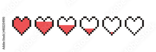 Pixel game life bar. Vector art 8 bit health heart bar. Gaming controller, symbols set.